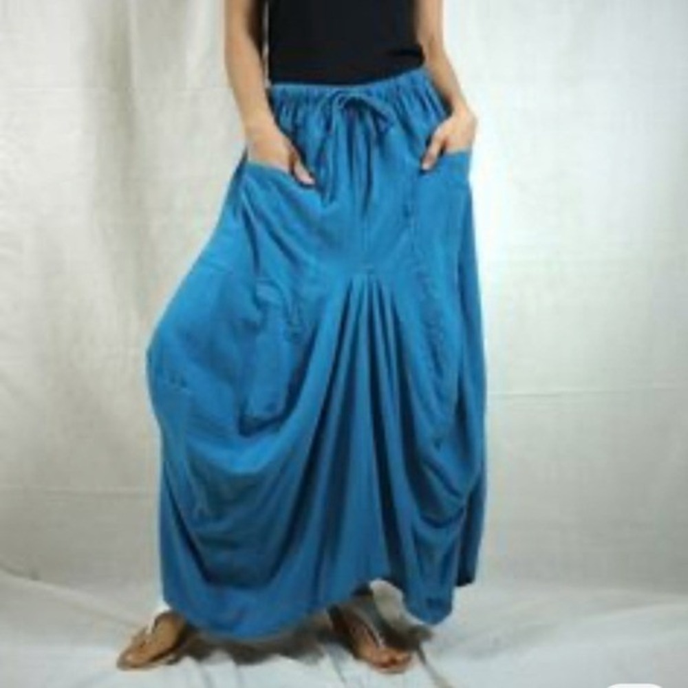The Om Company Acid Wash Balloon Maxi Skirt S Blue 100% Cotton Boho Lagenlook